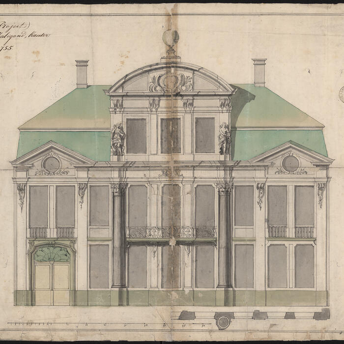 Gevelopstand van hotel Falligan aan de Kouter. Tekening door architect Bernard de Wilde, 1755, bij de bouwaanvraag voorgelegd aan de Gentse schepenen van de keure (OA_535_161_25_B).